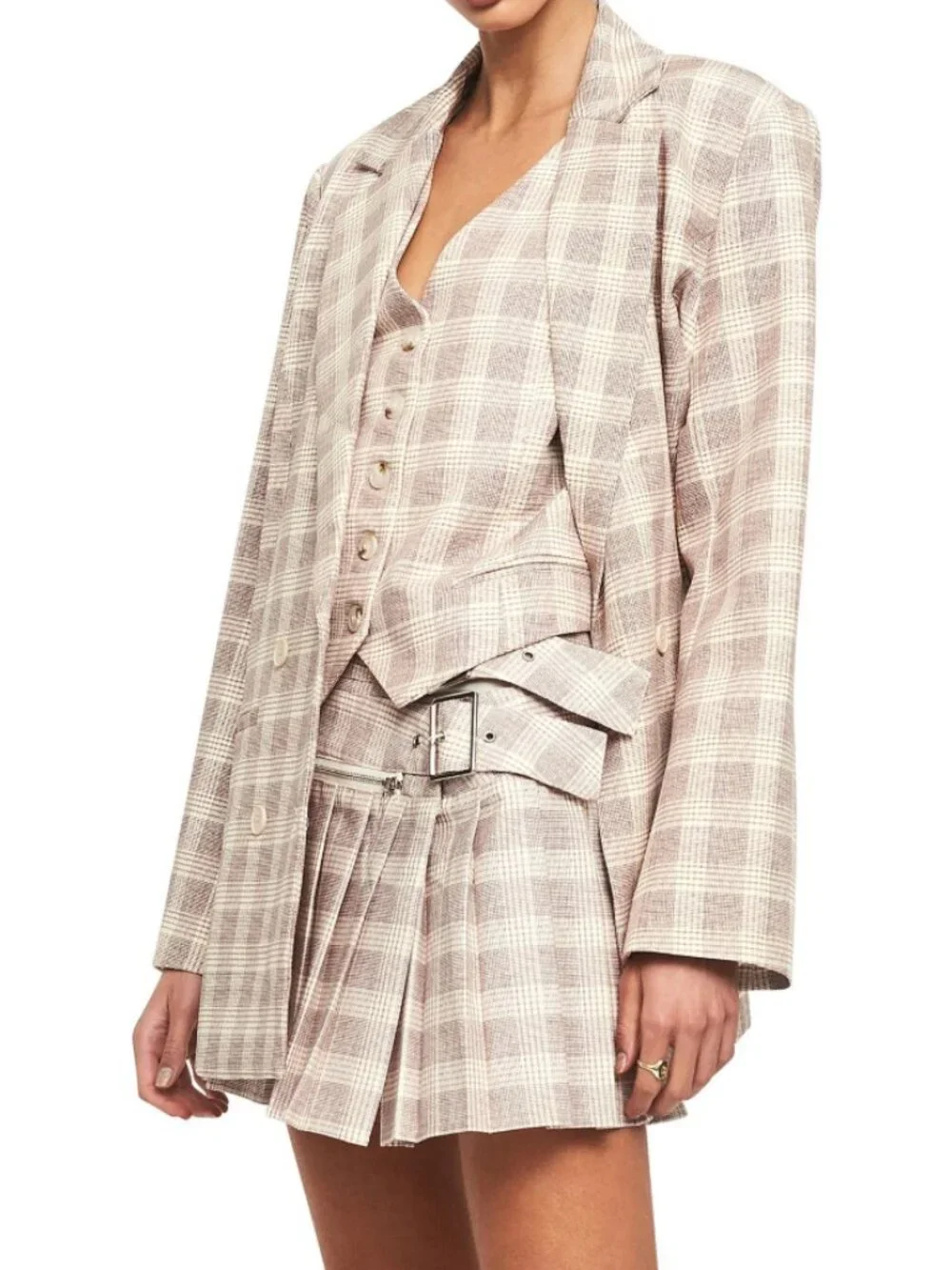 Lioness wyoming oversized blazer in beige plaid check - Picture 8 of 9